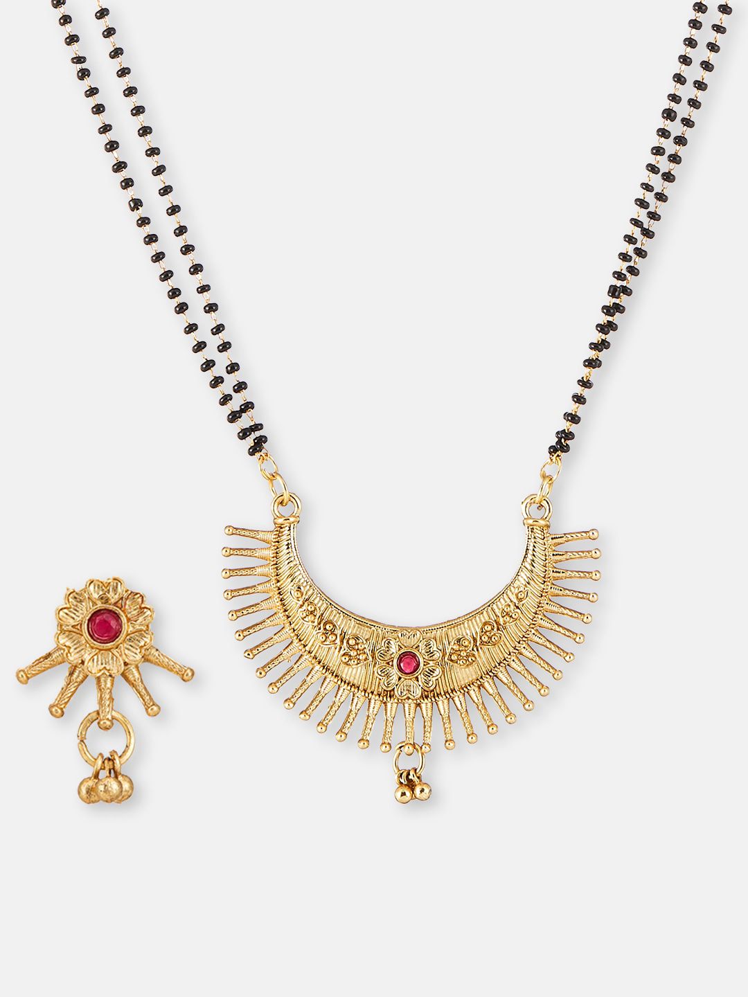 ATIBELLE Gold-Plated Maroon Stone StuddedBlack Beaded Floral Mangalsutra With Earrings