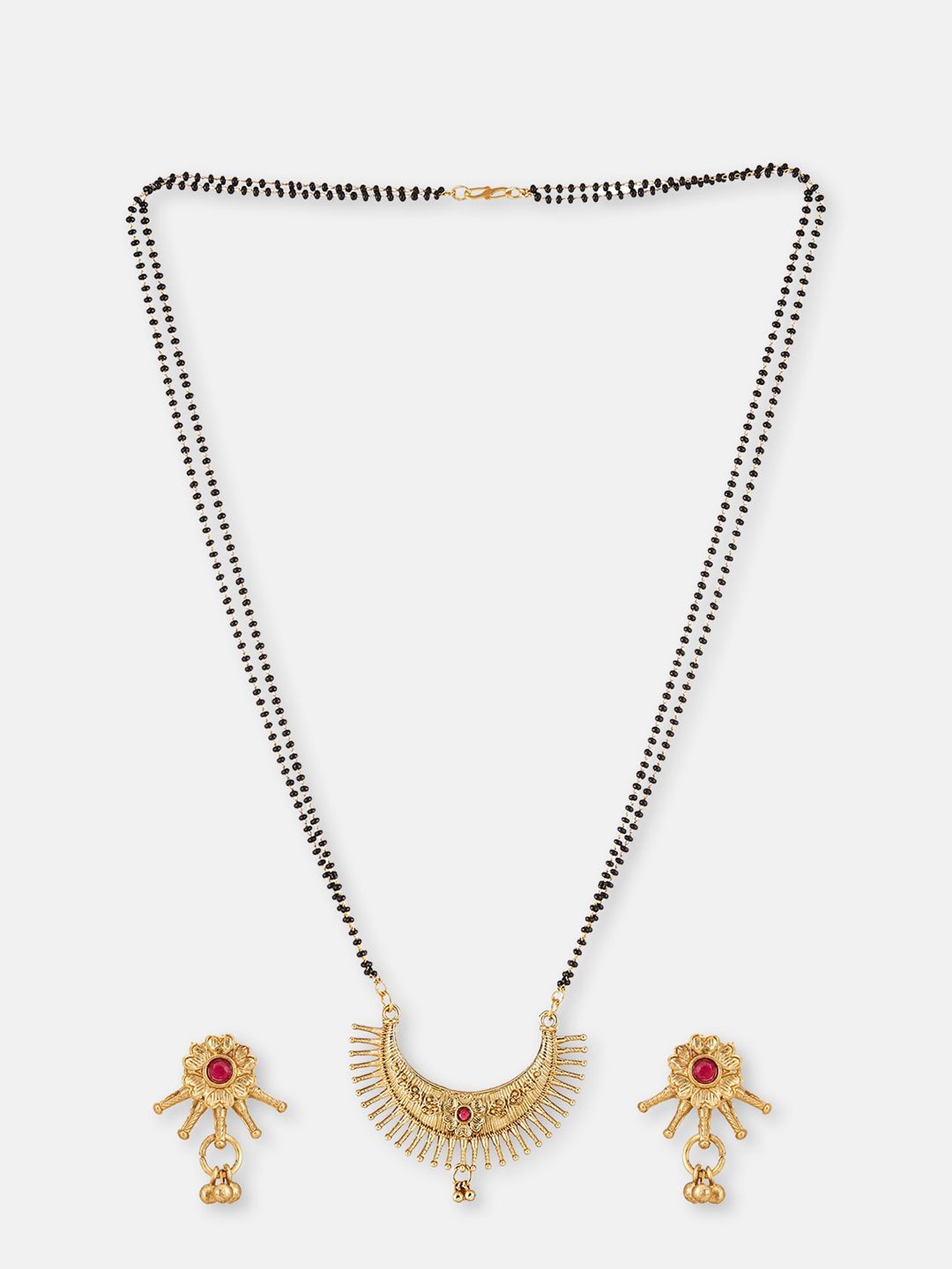 ATIBELLE Gold-Plated Maroon Stone StuddedBlack Beaded Floral Mangalsutra With Earrings