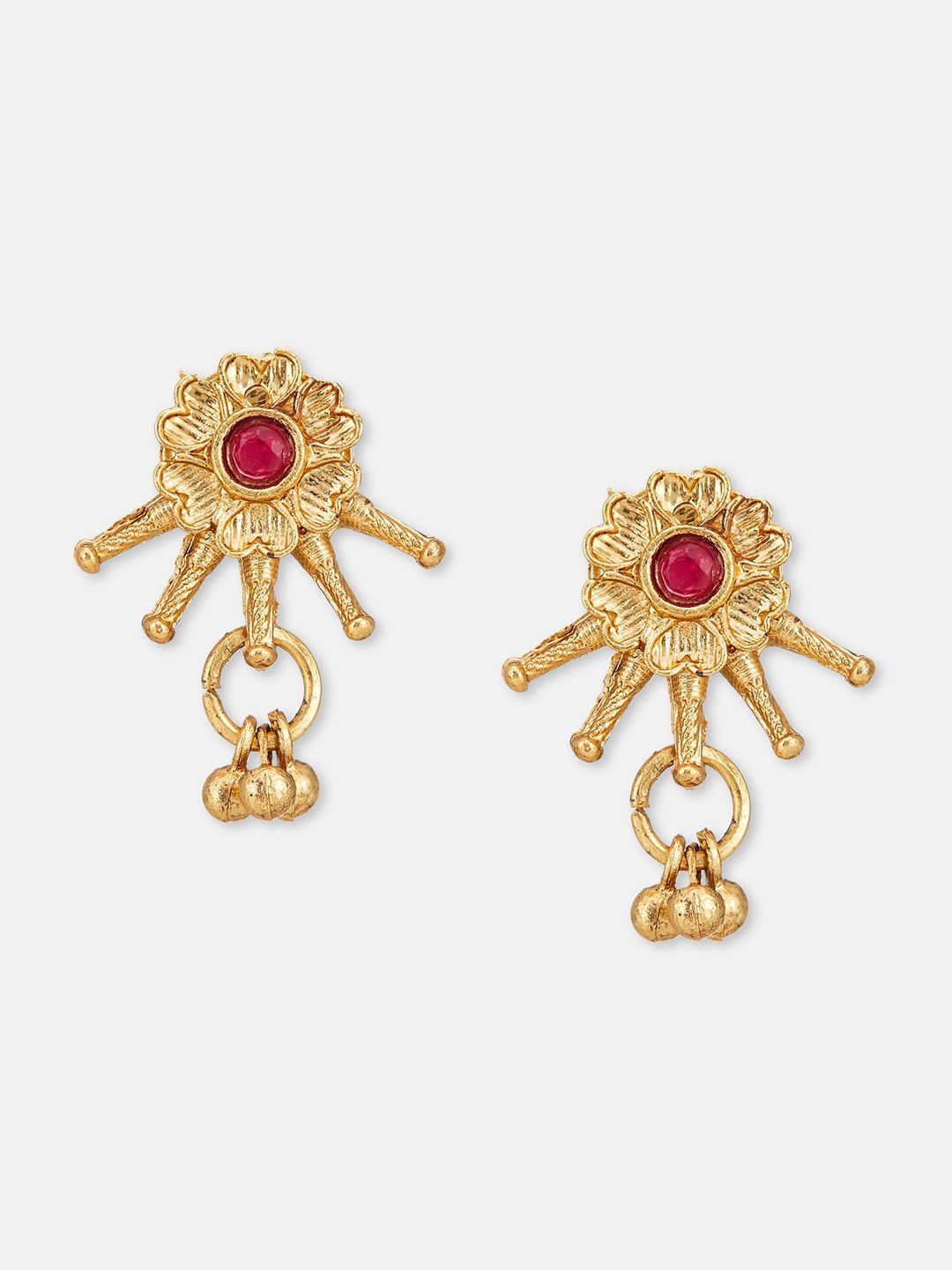 ATIBELLE Gold-Plated Maroon Stone StuddedBlack Beaded Floral Mangalsutra With Earrings