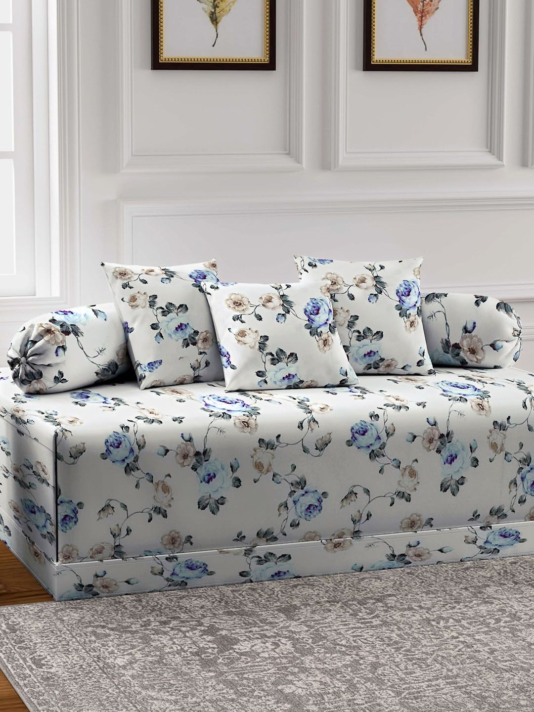 FABINALIV White & Blue 6 Pieces Floral Printed 300 TC Diwan Set-image-31