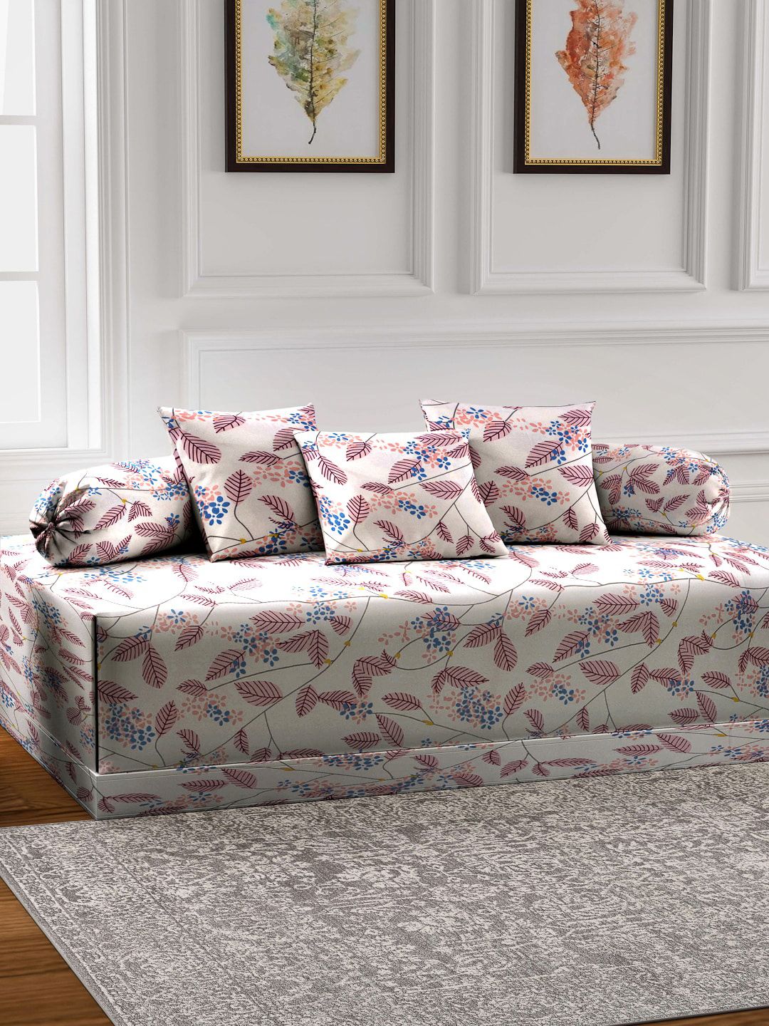 FABINALIV White & Pink 6 Pieces Floral Printed 300 TC Diwan Set-image-30