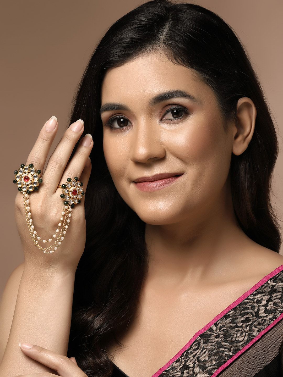 PANASH Gold-Plated Stone-Studded & Pearl Beaded Finger Ring-picture-42