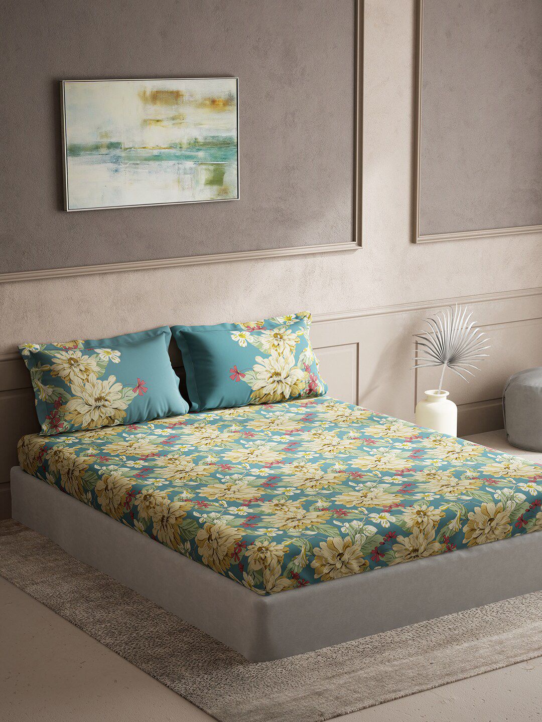DDecor Blue & Yellow Floral Cotton 144 TC Queen Bedsheet With 2 Pillow Covers-picture-33