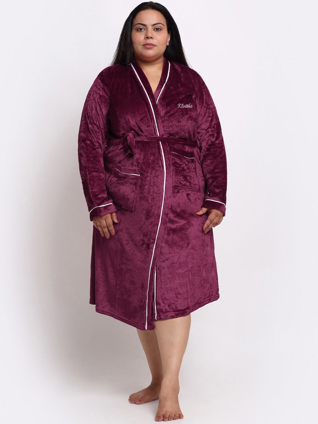 KLOTTHE Plus Size Long Sleeved Wool Bath Robe With Belt-picture-38