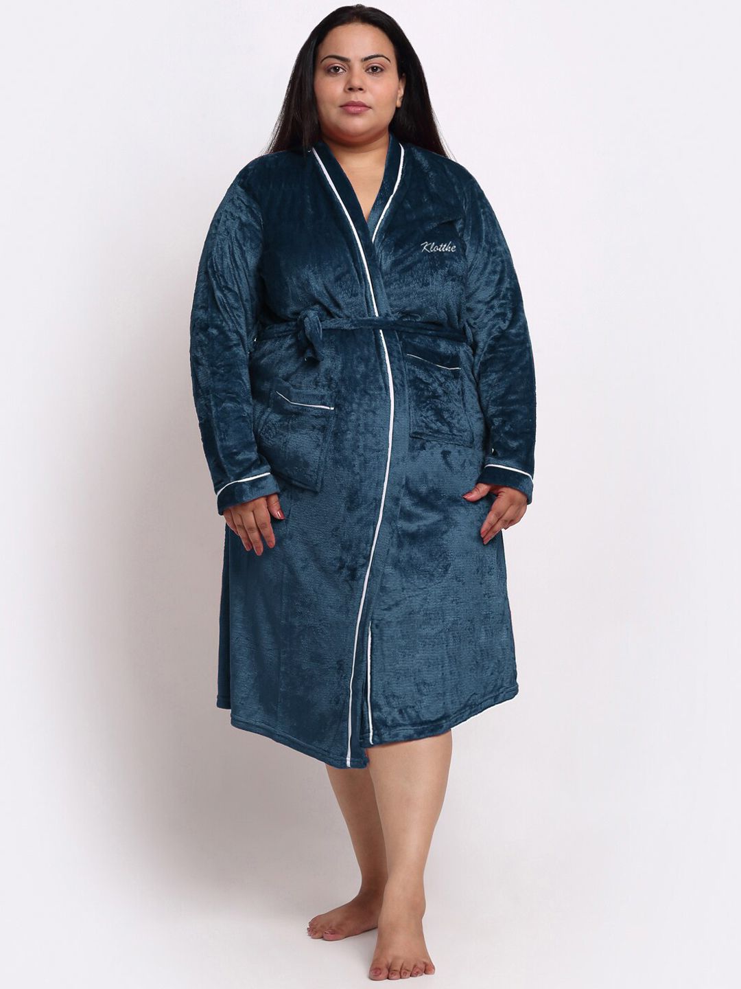 KLOTTHE Plus Size Long Sleeved Wool Bath Robe With Belt-image-44