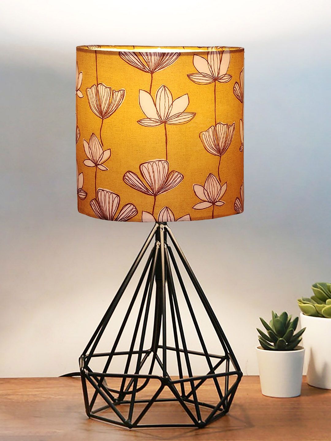 Homesake Yellow & Beige Printed Metal Table Lamp-image-16