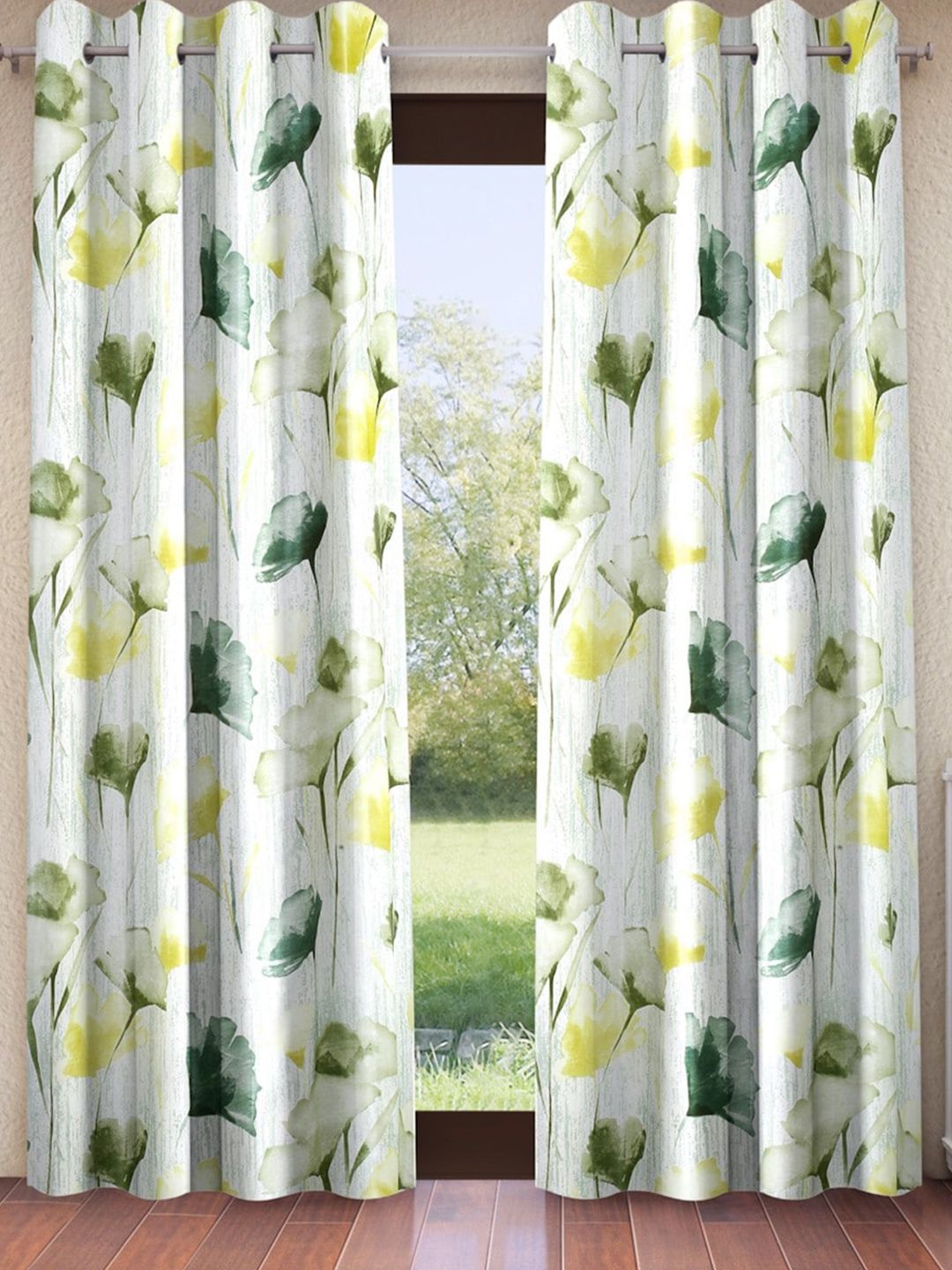 Home Sizzler Green & White 2 Pieces Floral Long Door Curtains-picture-49