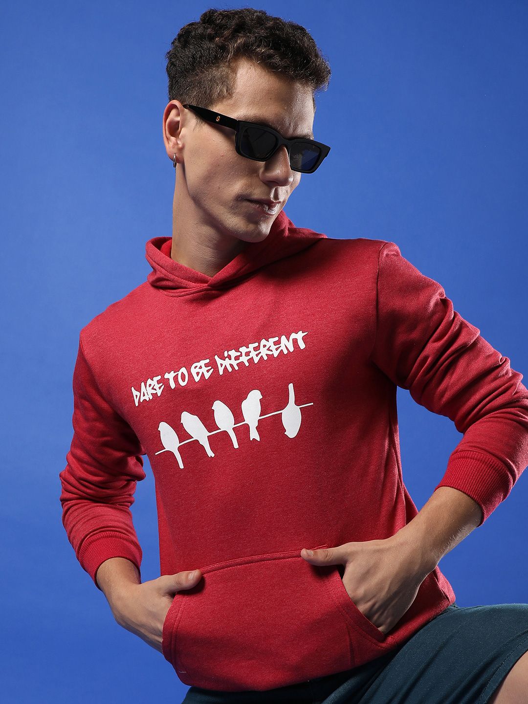 Campus Sutra Red Typography Printed Hooded Cotton Sweatshirt-image-6