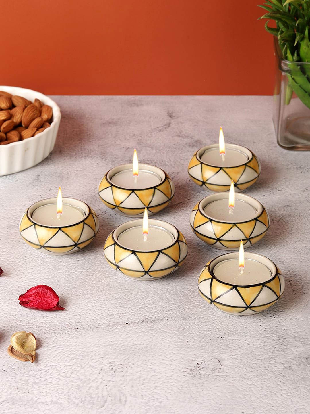 VarEesha Yellow & Off-White 6 Pieces Hand-Painted Tea-Light Holders-picture-35