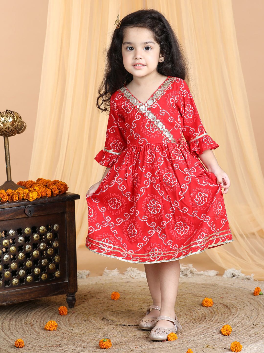 Here&Now X Kinder Kids Girls Ethnic Motifs Printed Bell Sleeves Cotton Fit & Flare Ethnic Dress-picture-31