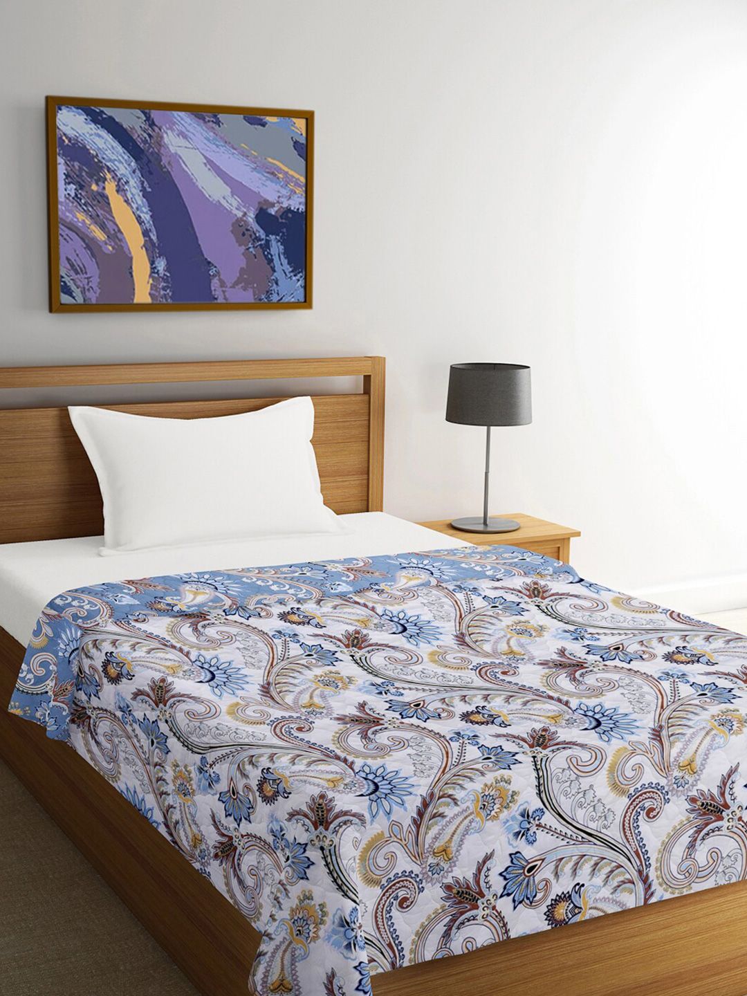 FABINALIV White & Blue Floral Print Reversible Mild Winter 350 GSM Single Bed Comforter-picture-16