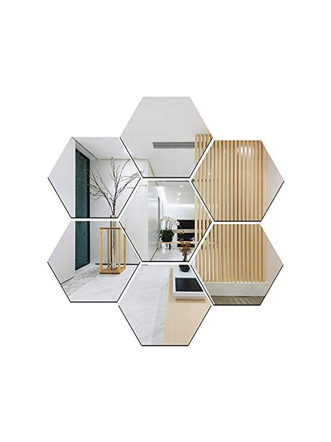 WallDaddy Silver Toned 7 Pieces Hexagon Design Mirror Wall Stickers-image-38