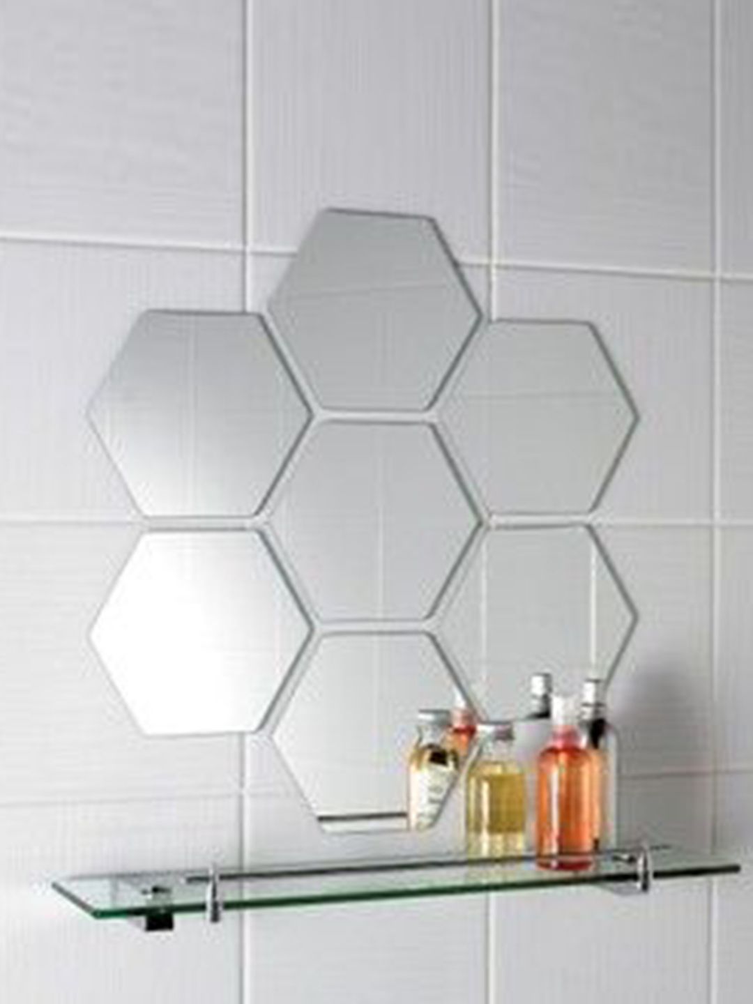 WallDaddy 7 Pcs Silver-Toned Self-Adhesive Hexagon Mirror Wall Stickers-image-40