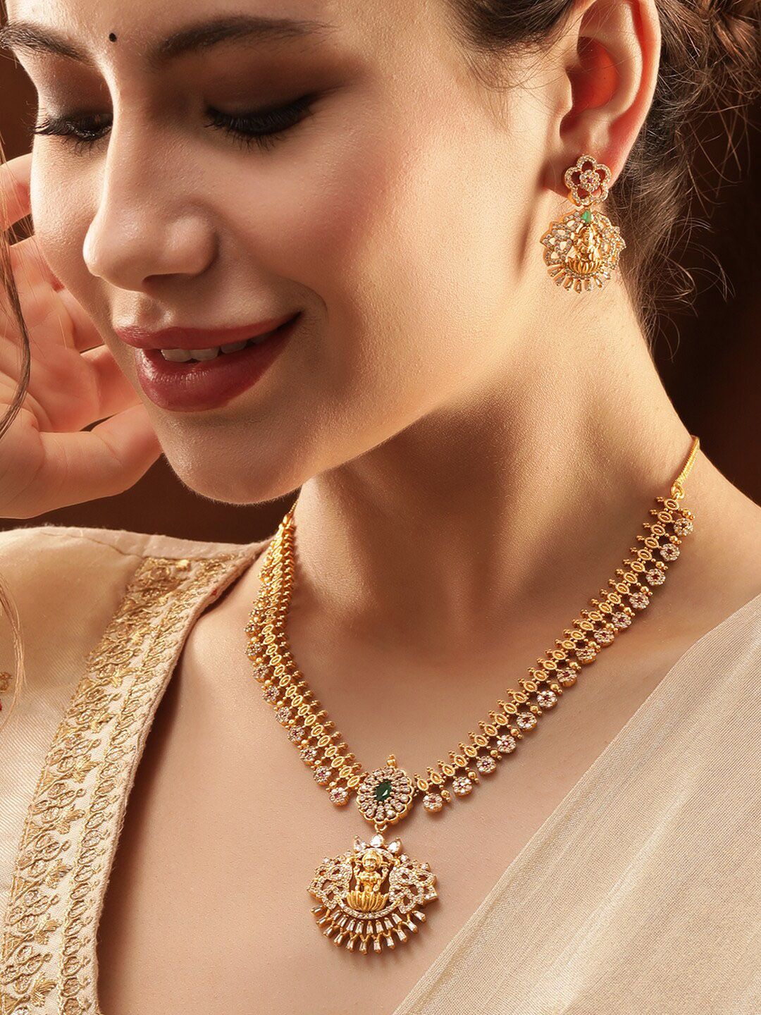 Rubans 22K Gold-Plated Emerald & CubicZirconia Temple Necklace Set with Divine Laxmi Motif-picture-52