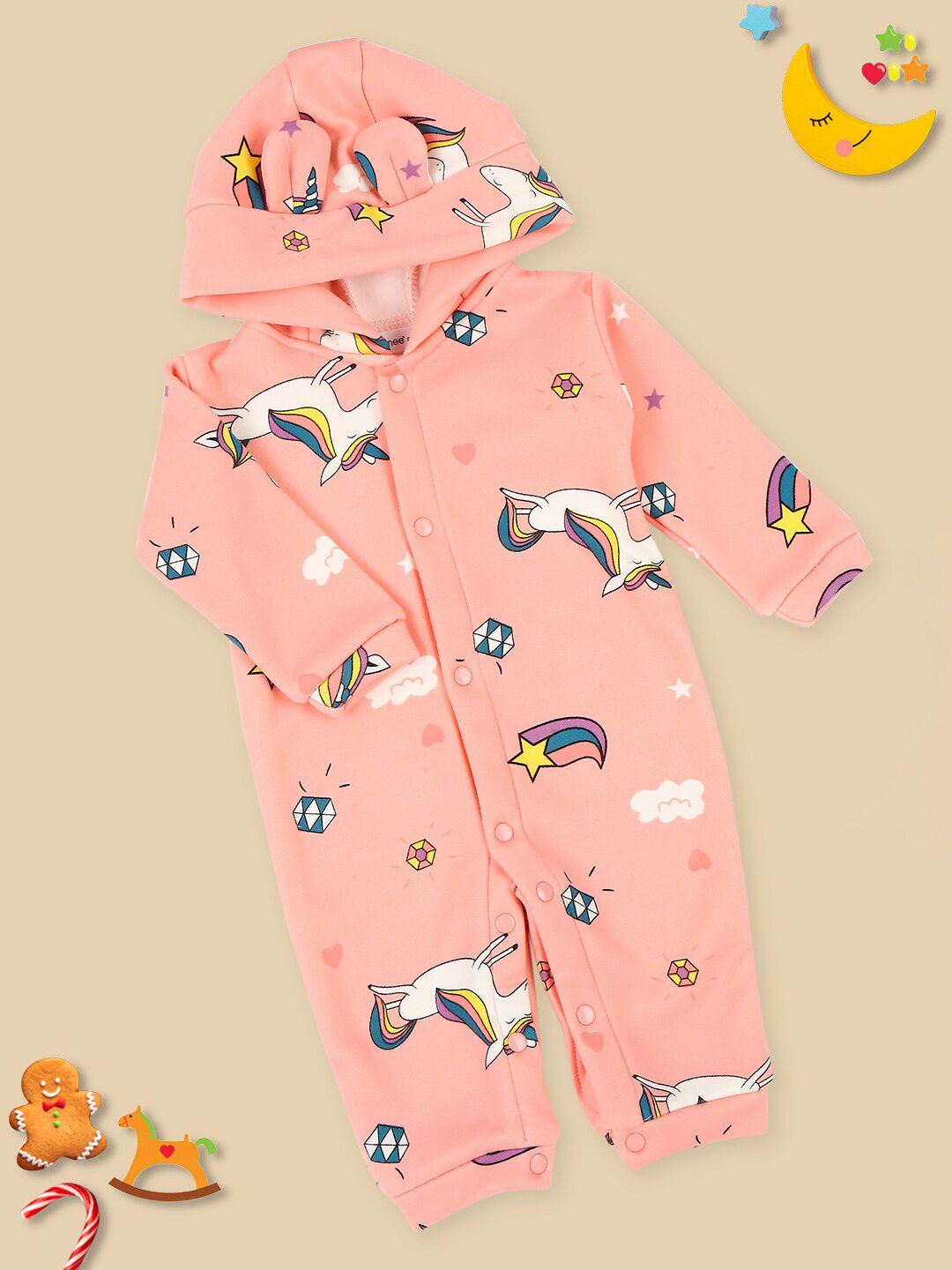 MeeMee Infants Conversational Printed Hooded Cotton Rompers-picture-58