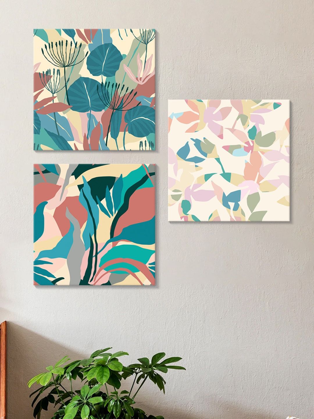 Art Street Green & Beige 3 Pieces Abstract Botanical Cotton Canvas Wall Art-picture-41