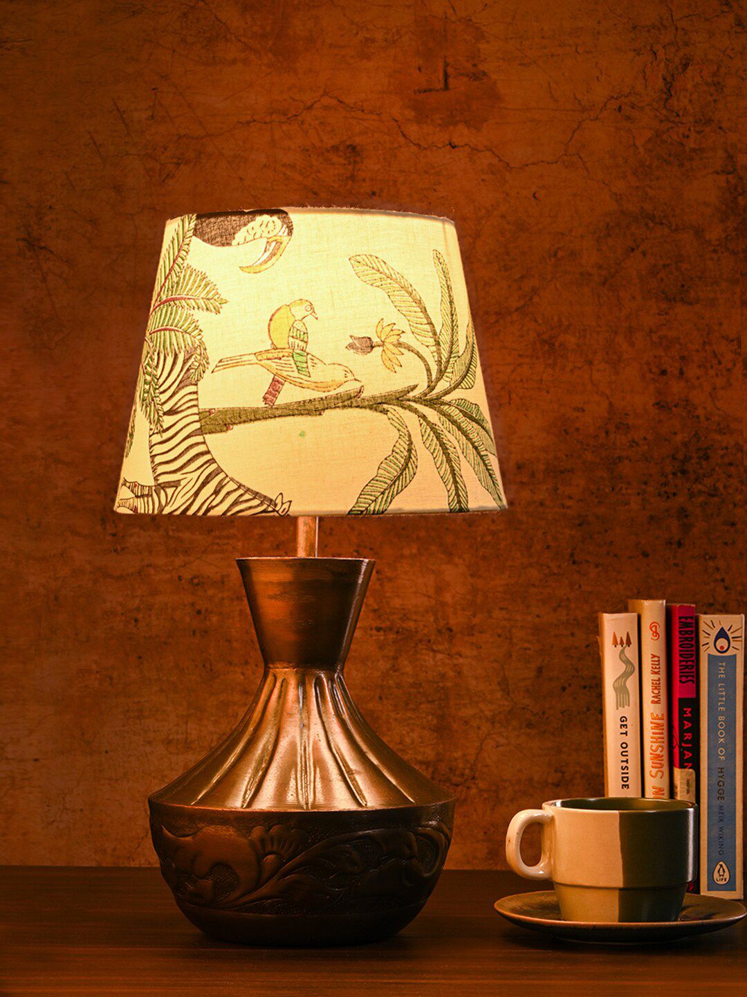 green girgit White & Green Floral Printed Frustum Shape Copper Base Table Lamp-image-45