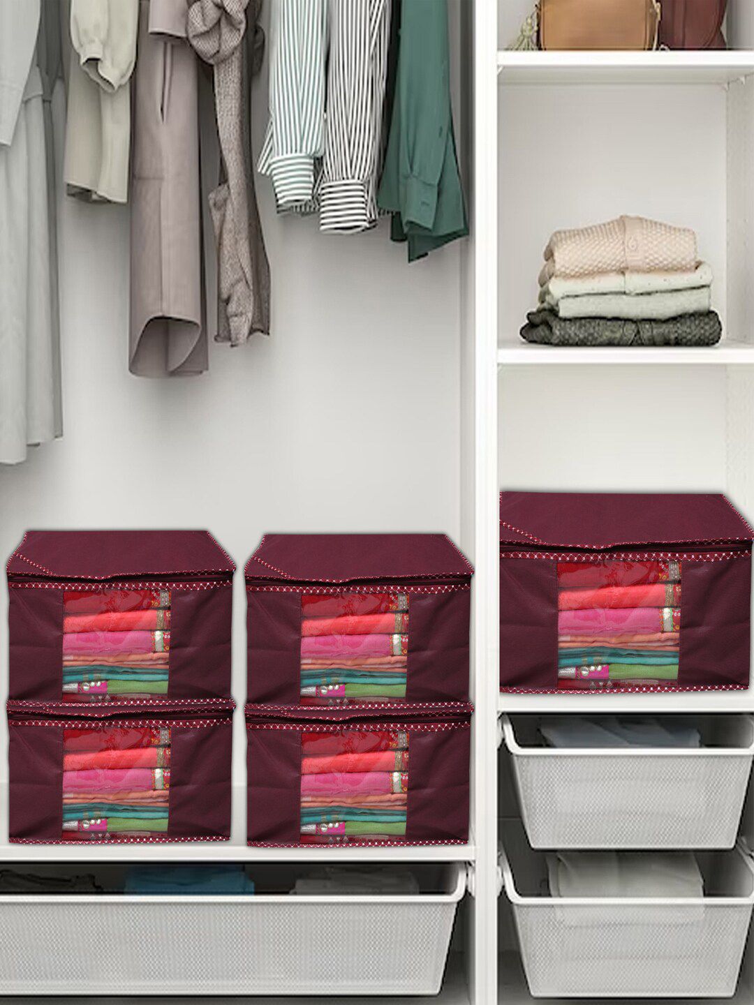 Kuber Industries Maroon 6 Pieces Non Woven Fabric Saree Organizers-image-3