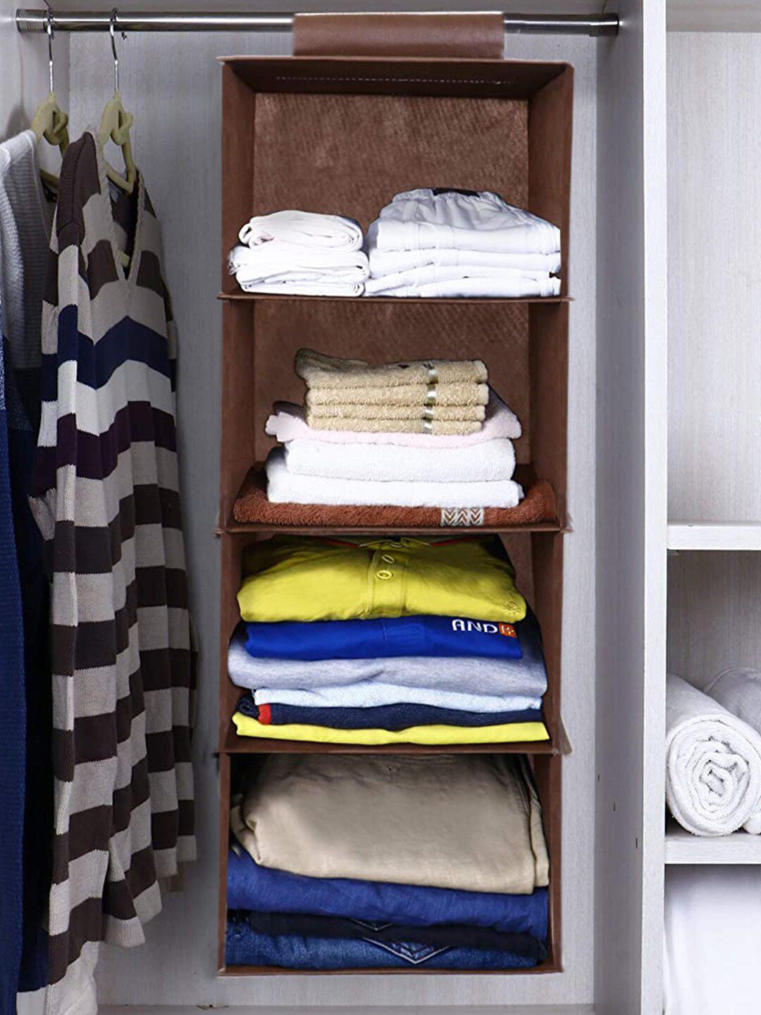 Kuber Industries Brown 4-shelves Wardrobe Hanging Organizer-picture-14