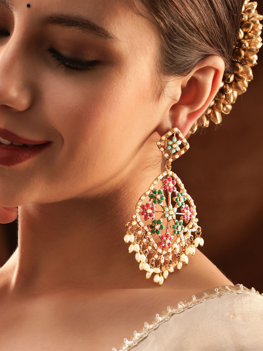 Rubans 22K Antique Gold Plated Multi Color Stone Studded & Pearl Beaded  Long Chandbalis-picture-23