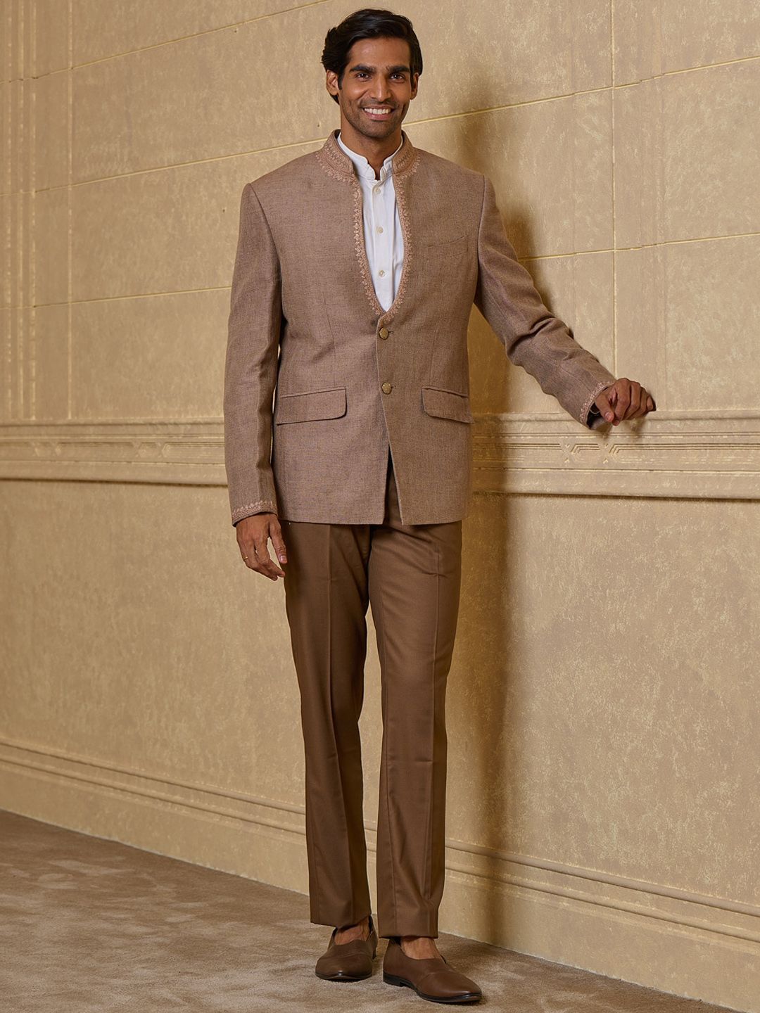 Tasva Mandarin Collar Single Breasted Linen Bandhgala Blazer-picture-37