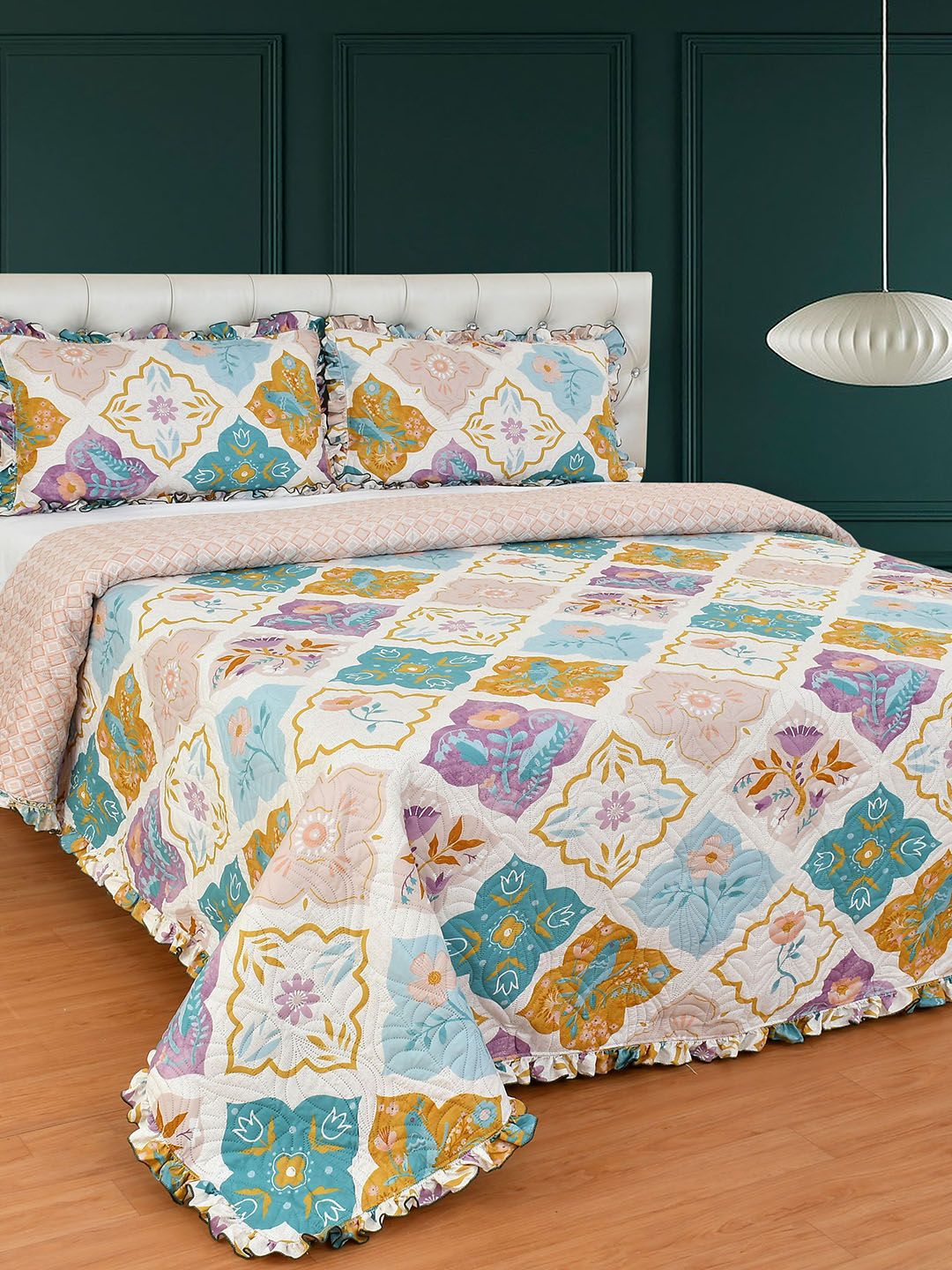 MORADO Blue & Purple Floral Printed 249TC Double Queen Bed Cover With 2 Pillow Covers-image-26