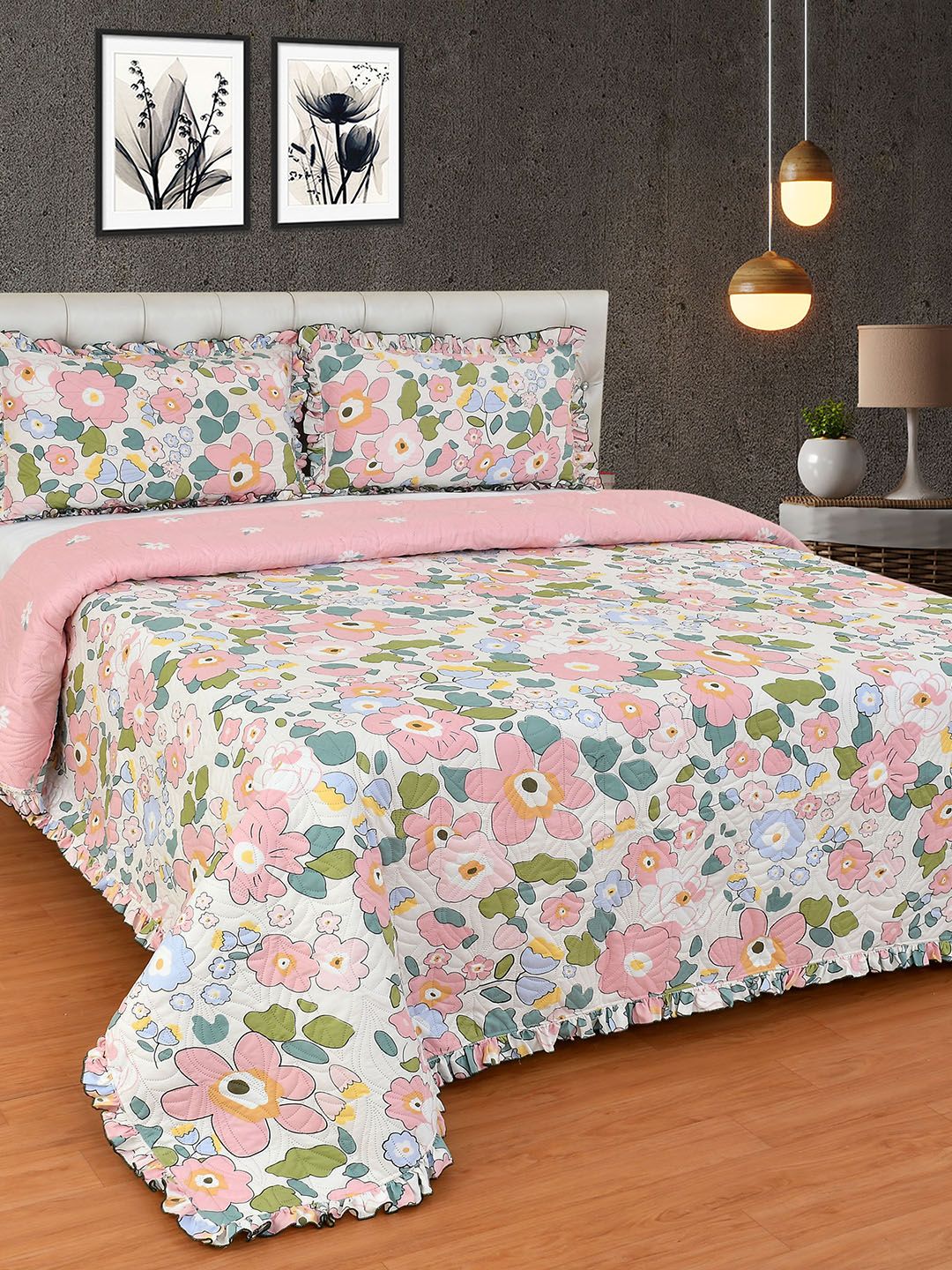MORADO Pink & Green Floral Printed 249 TC Double Queen Bed Cover With 2 Pillow Covers-picture-33