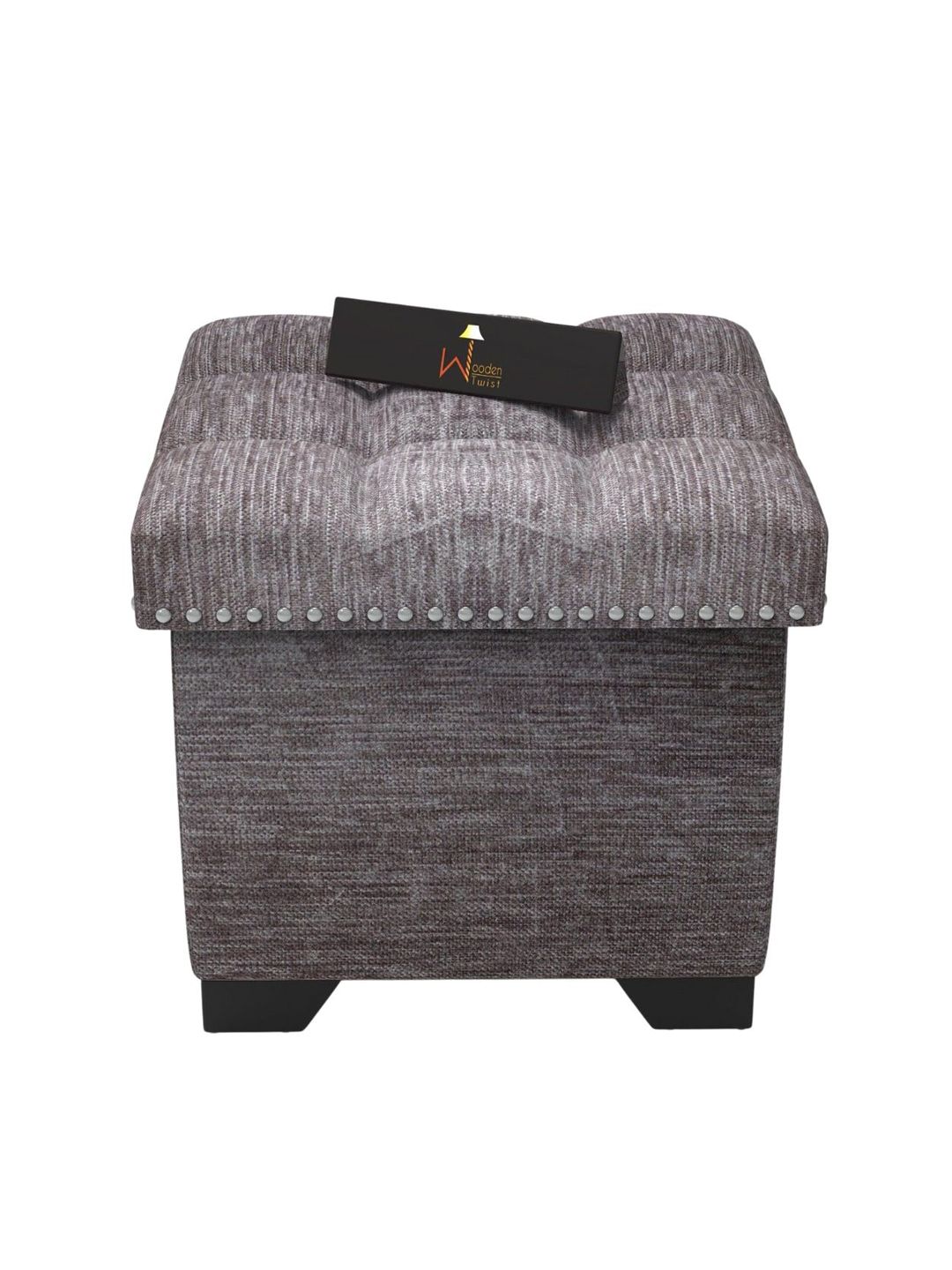 Wooden Twist Grey Puffy Eccentric Ottoman Stool with Storage-picture-16