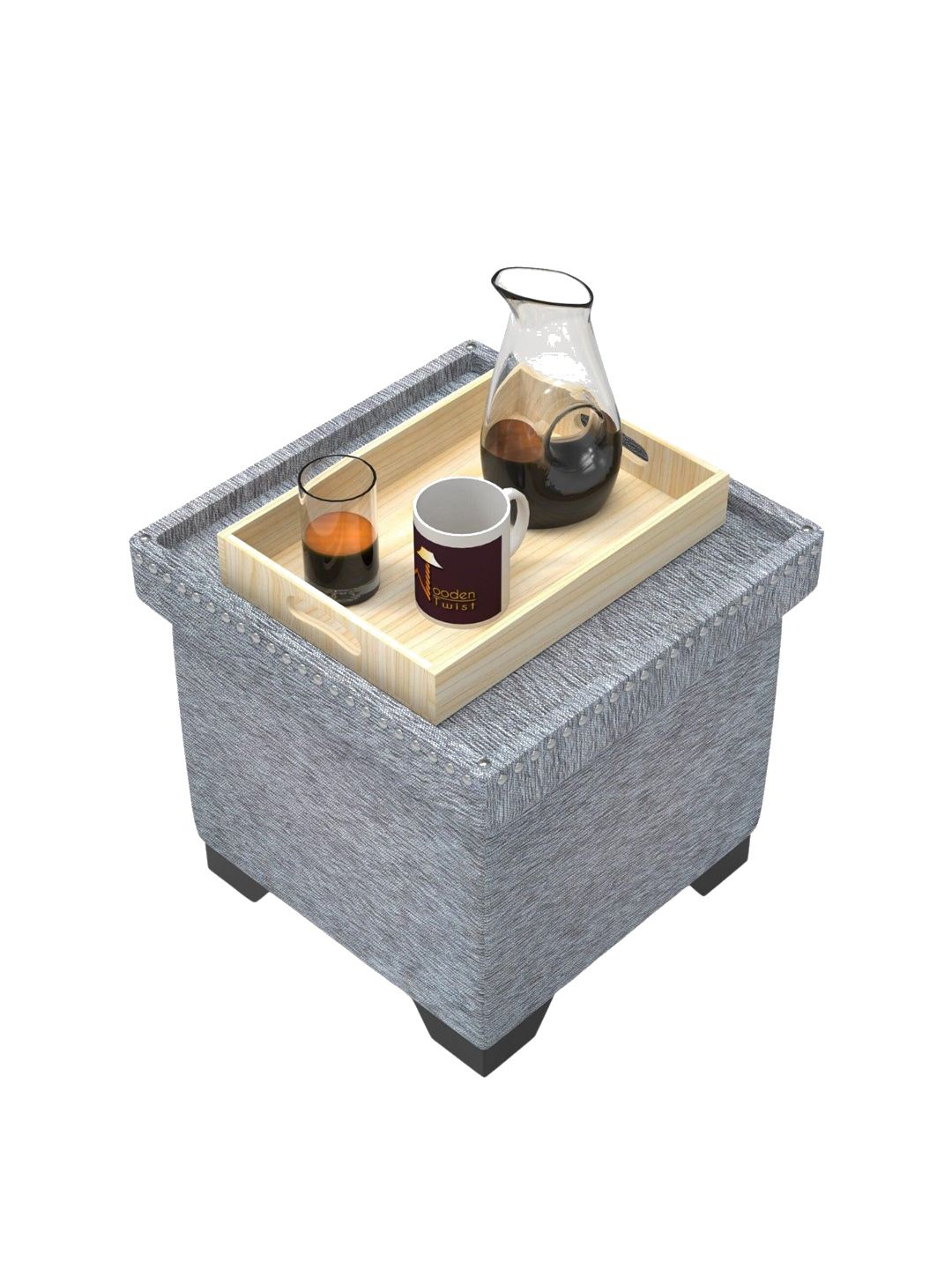 Wooden Twist Grey Puffy Eccentric Ottoman Stool with Storage-picture-34