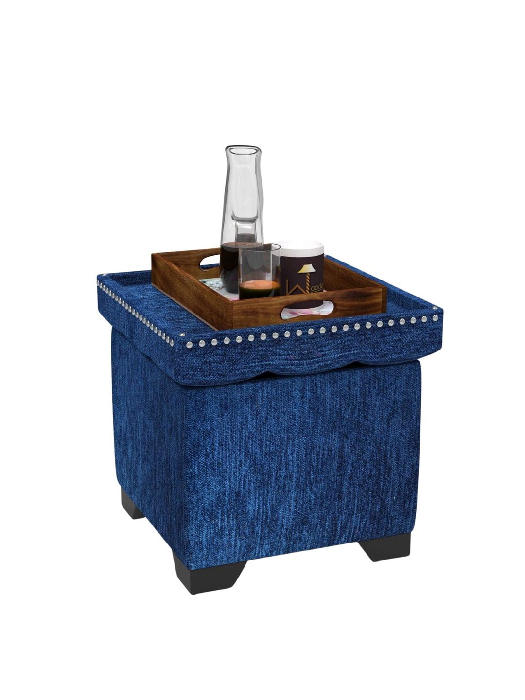 Wooden Twist Blue Puffy Eccentric Ottoman Stool with Storage-picture-14