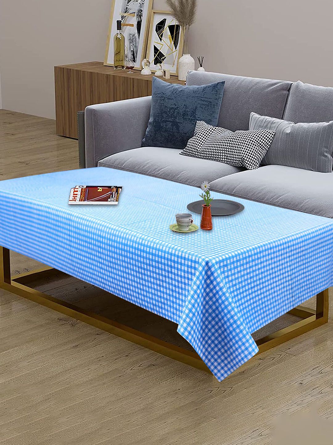 Dakshya Industries White & Blue Checked Rectangular 4-Seater Table Cover-image-35
