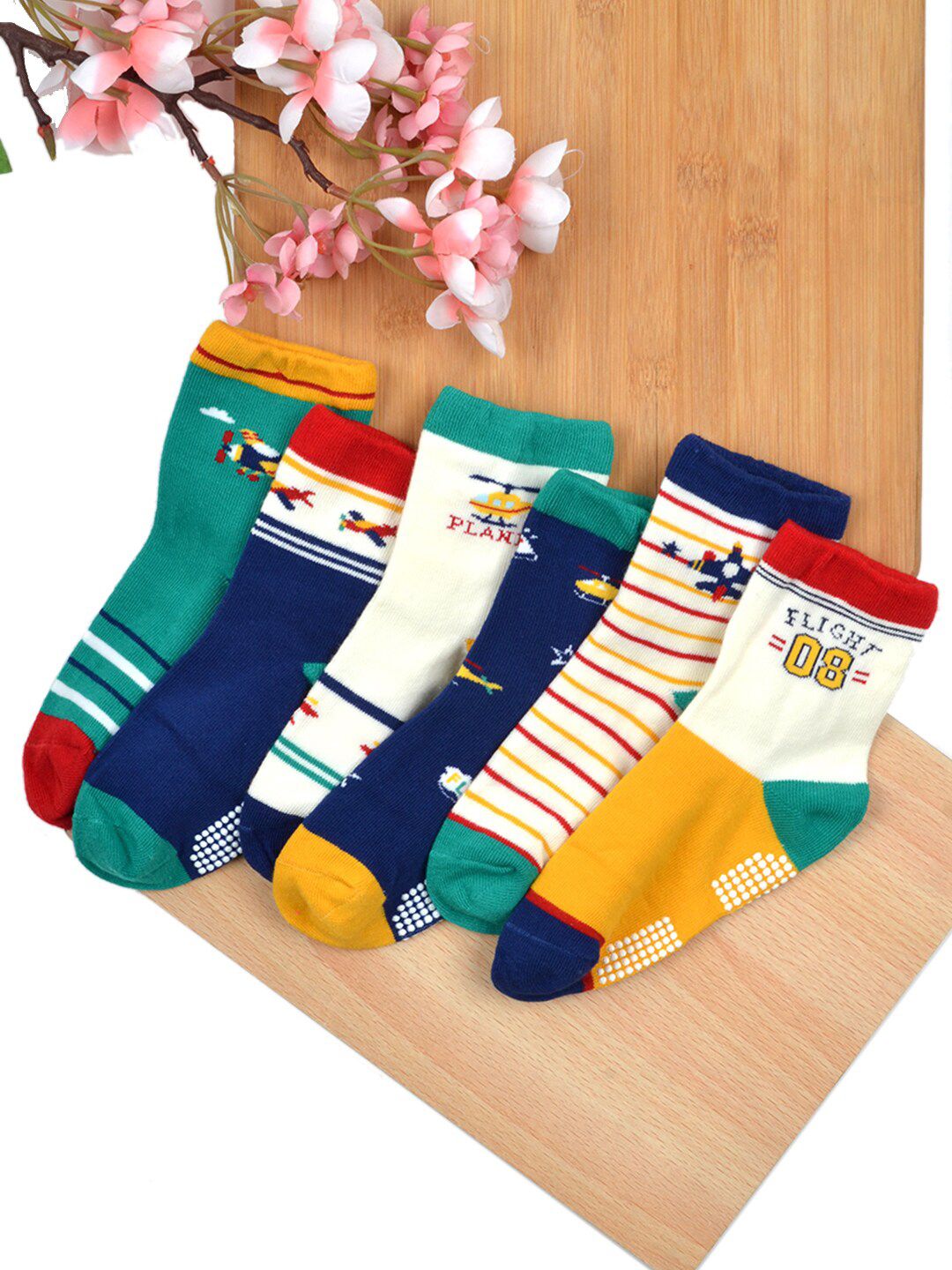 FOOTPRINTS Kids Pack Of 6 Patterned Cotton Anti Skid Socks