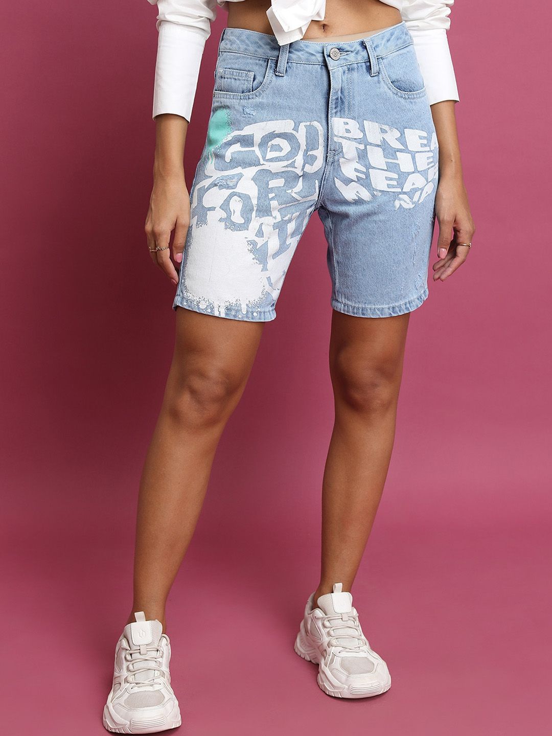 Tokyo Talkies Women Typography Printed Mid-Rise Cotton Denim Shorts-picture-10