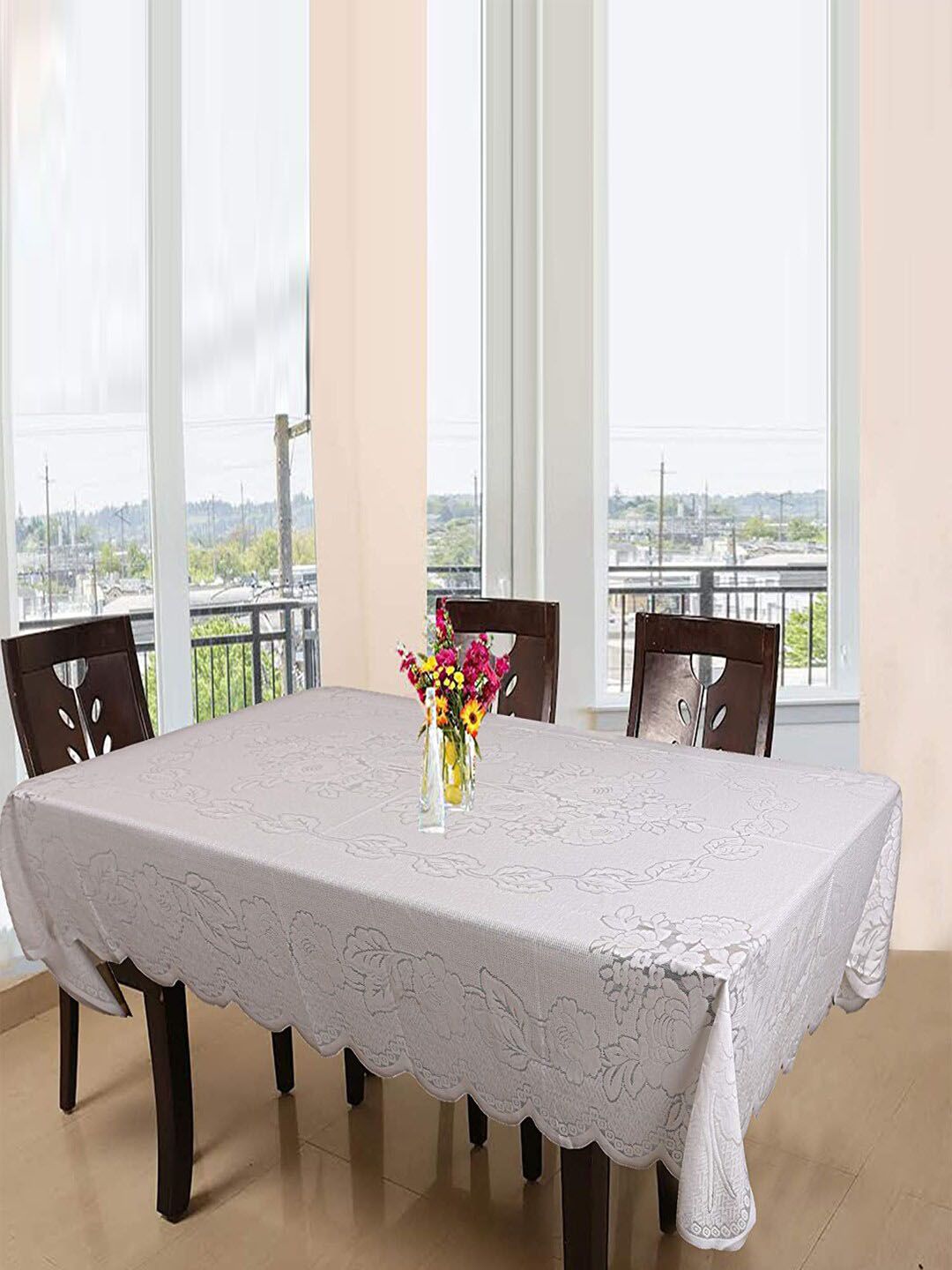 Kuber Industries White Self-Design Cotton 6-Seater Rectangular Table Cover-image-43