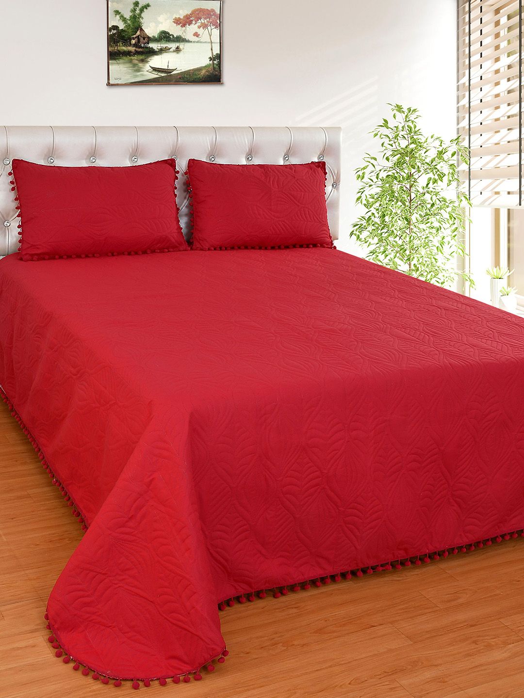 MORADO Maroon Woven Design 249 TC Double Queen Bed Cover With 2 Pillow Covers-image-33
