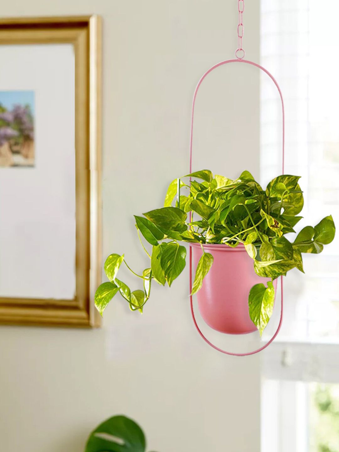 Homesake Pink Oval Planter With Hanging Metal Pot Stand