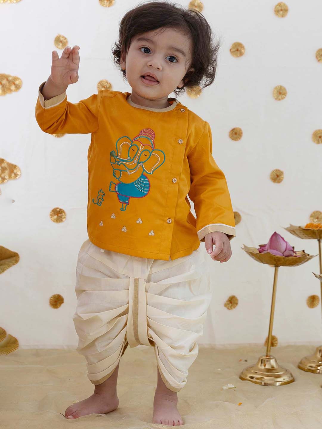 Tiber Taber Boys Ethnic Motifs Embroidered Thread Work Pure Cotton Kurta With Dhoti Pants-picture-13