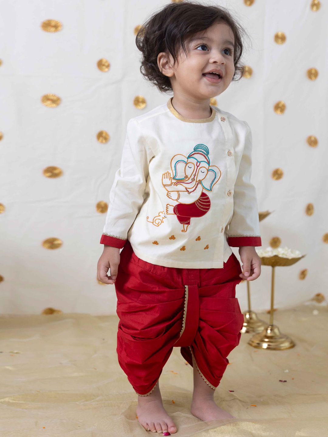 Tiber Taber Boys Ethnic Motifs Embroidered Thread Work Pure Cotton Kurta With Dhoti-picture-14