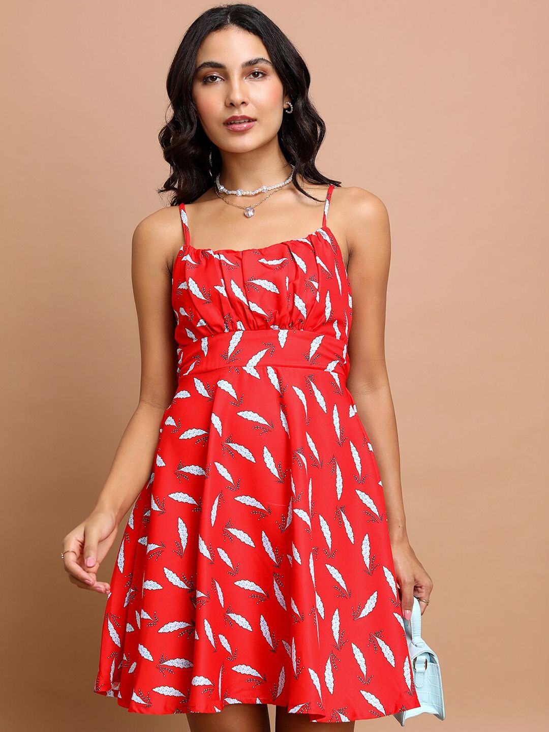 KETCH Red Floral Printed Cut-Outs Tie-Up Fit & Flare Dress