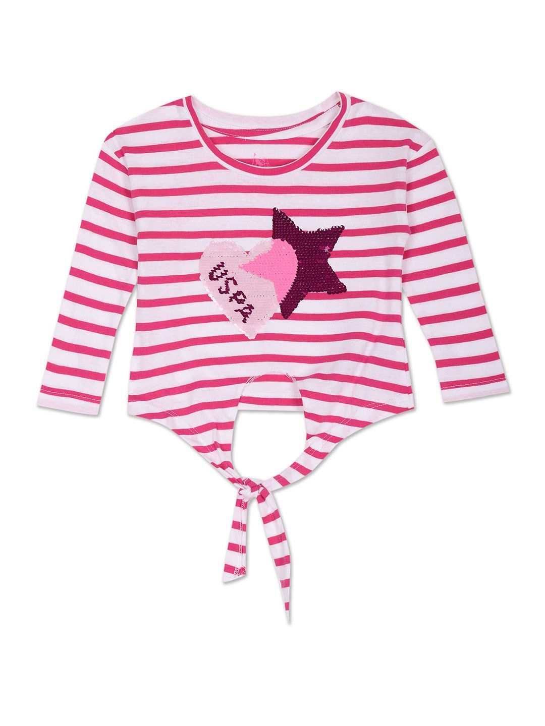 U.S. Polo Assn. Kids Girls Horizontal Striped Waist Tie-Ups Pure Cotton Top-picture-38