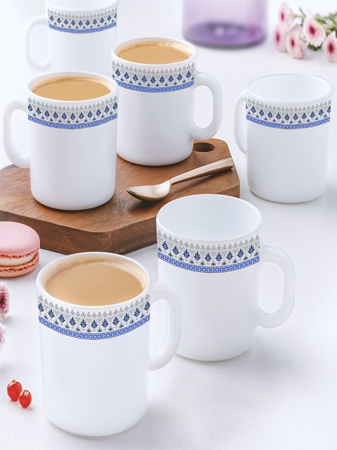 Larah by BOROSIL White & Blue 6 Pieces Ethnic Motifs Opalware Glossy Mugs 180 ml Each-image-30