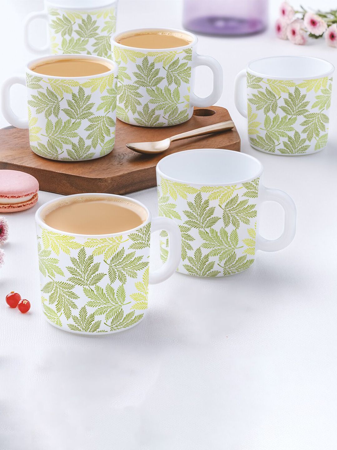 Larah by BOROSIL Maria White & Green 6 Pieces Printed Opalware Matte Mugs 180 ml Each-image-21