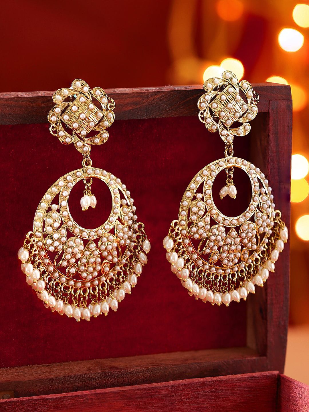 Rubans 22K Gold Plated Handcrafted Pearl Beads Traditional Big Chandbali Earrings-picture-11