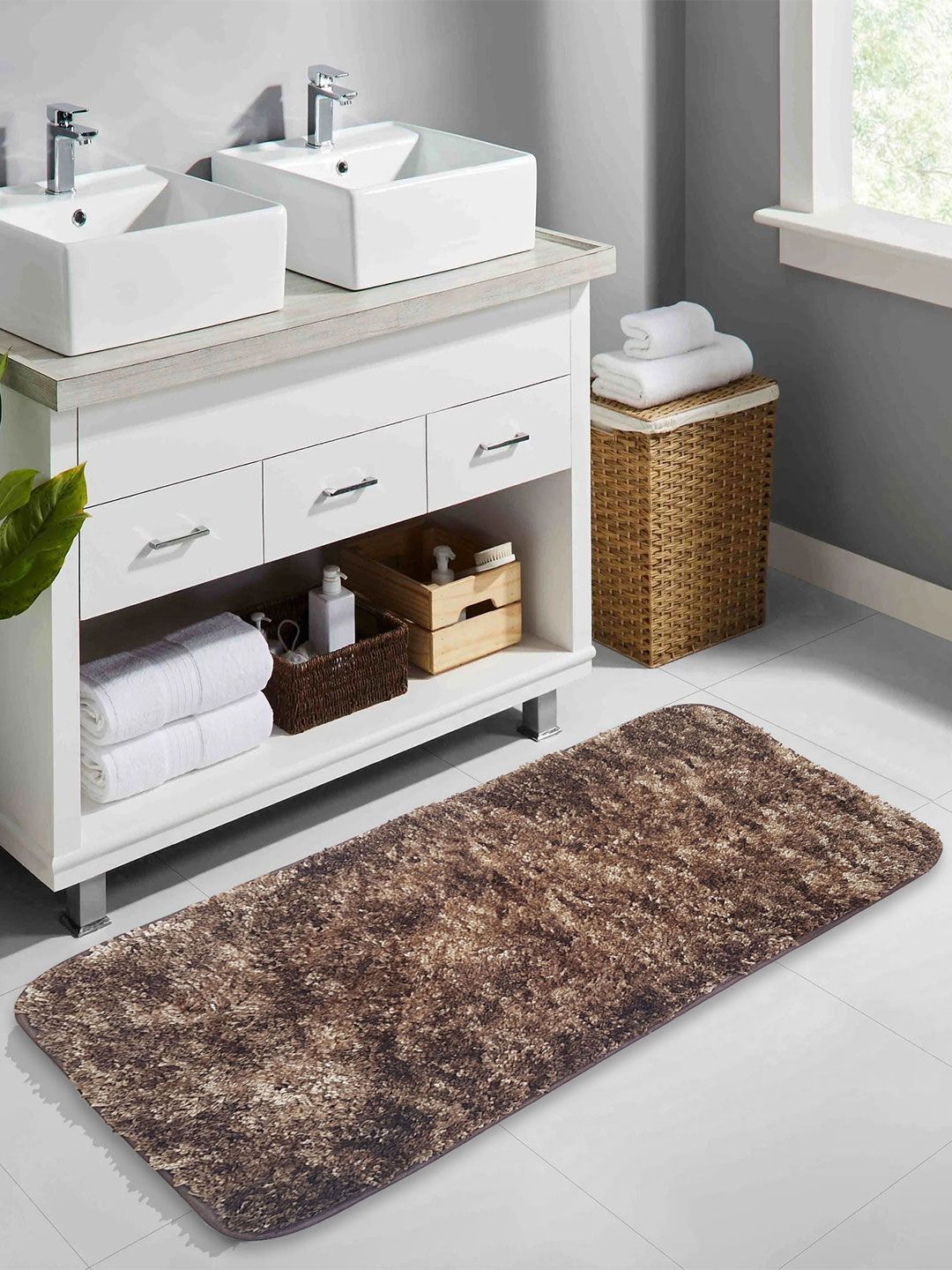 LUXEHOME INTERNATIONAL Hawaii Brown Microfibre Anti-Skid Bath Rugs-image-44