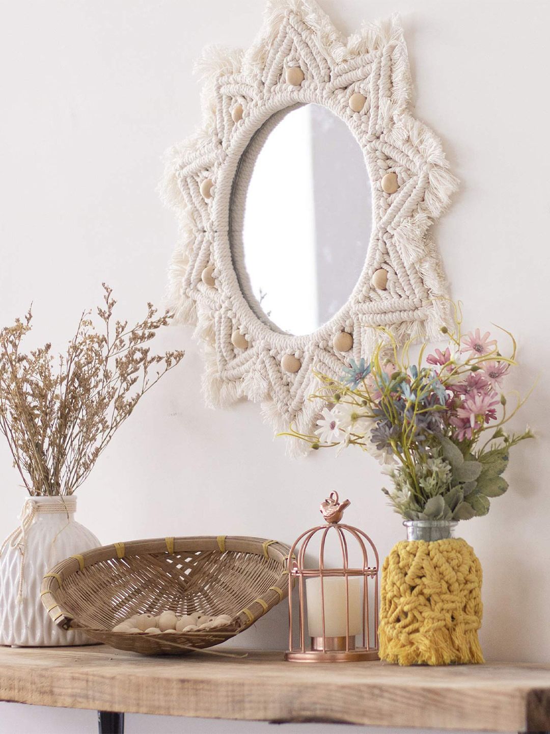 Kaahira Off-White Round-Shape Boho Macrame Decor Wall Mirror-image-7