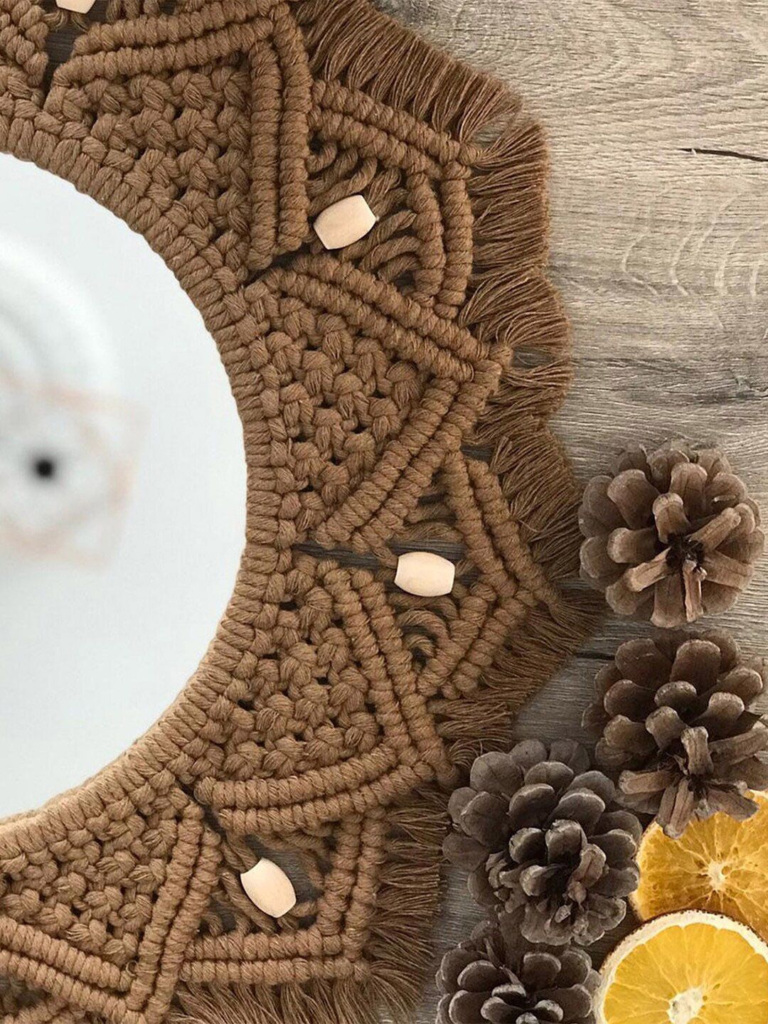 Kaahira Brown & Grey Round-Shape Boho Macrame Decor Wall Mirror-picture-43