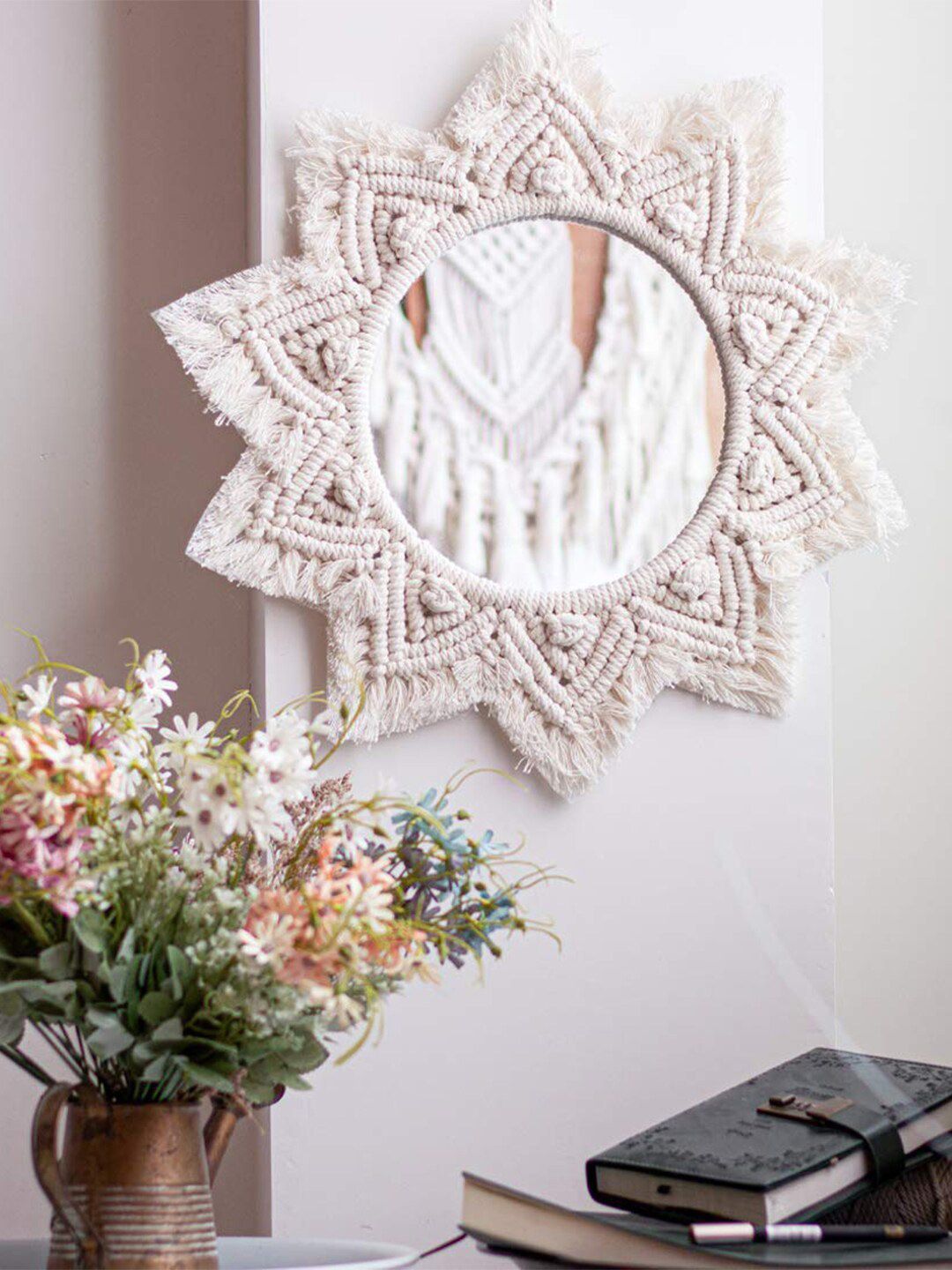 Kaahira Off White Round Shape Boho Macrame Decor Wall Mirror-image-47
