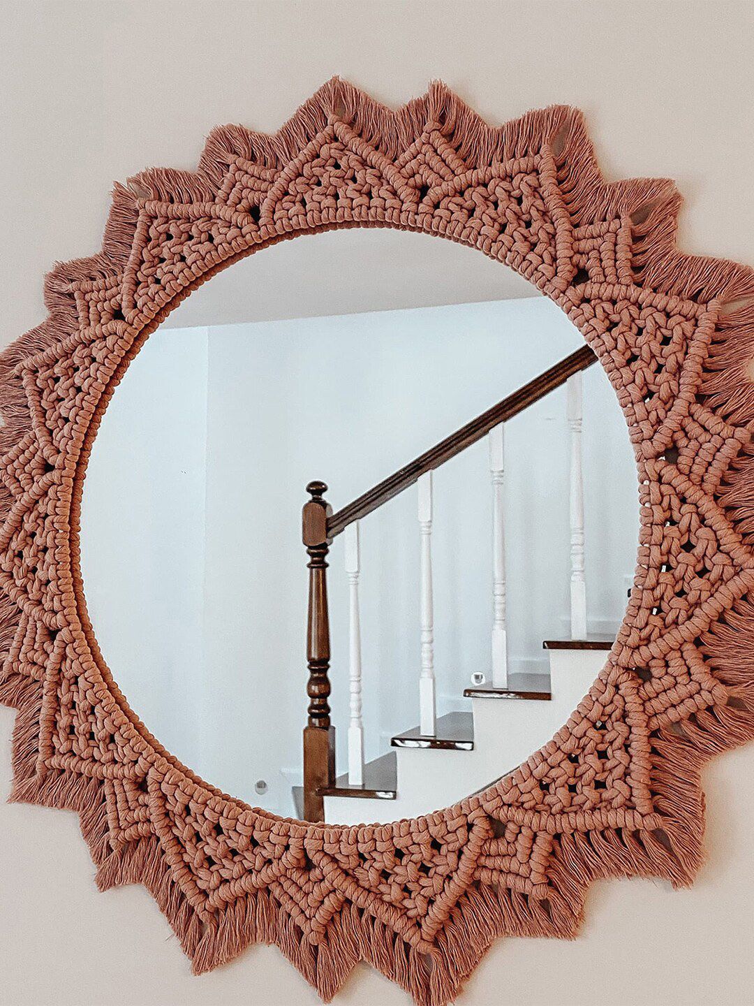 Kaahira Peach-Coloured Round Shape Boho Macrame Decor Wall Mirror-picture-42