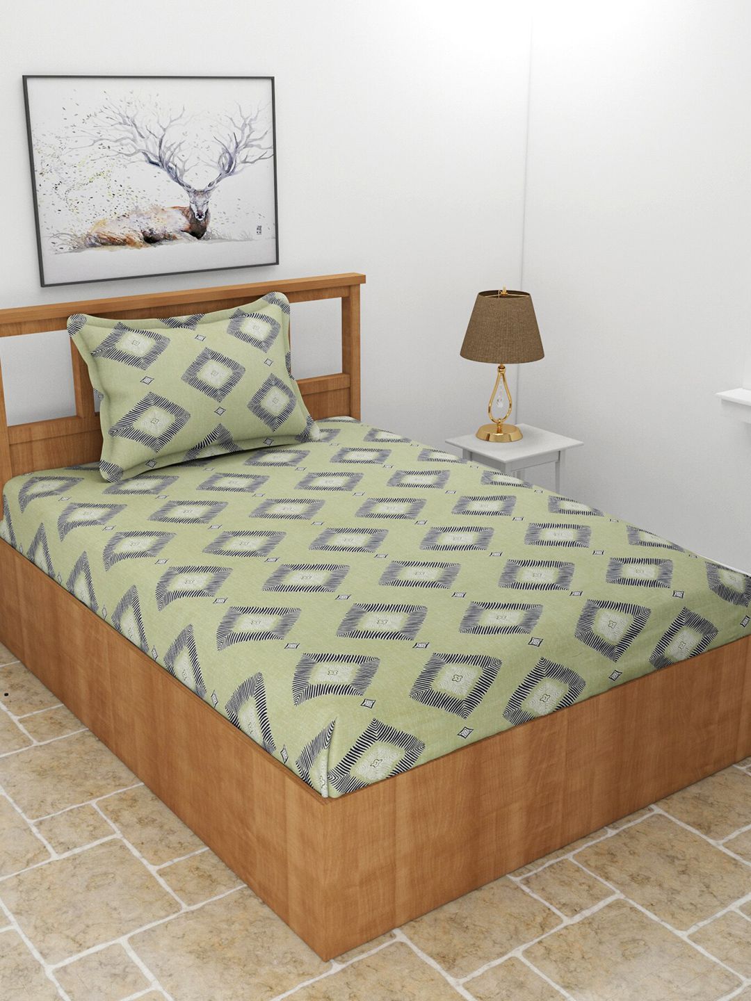 MORADO Green & Blue Geometric 210 TC Single Bedsheet With 1 Pillow Cover-image-41
