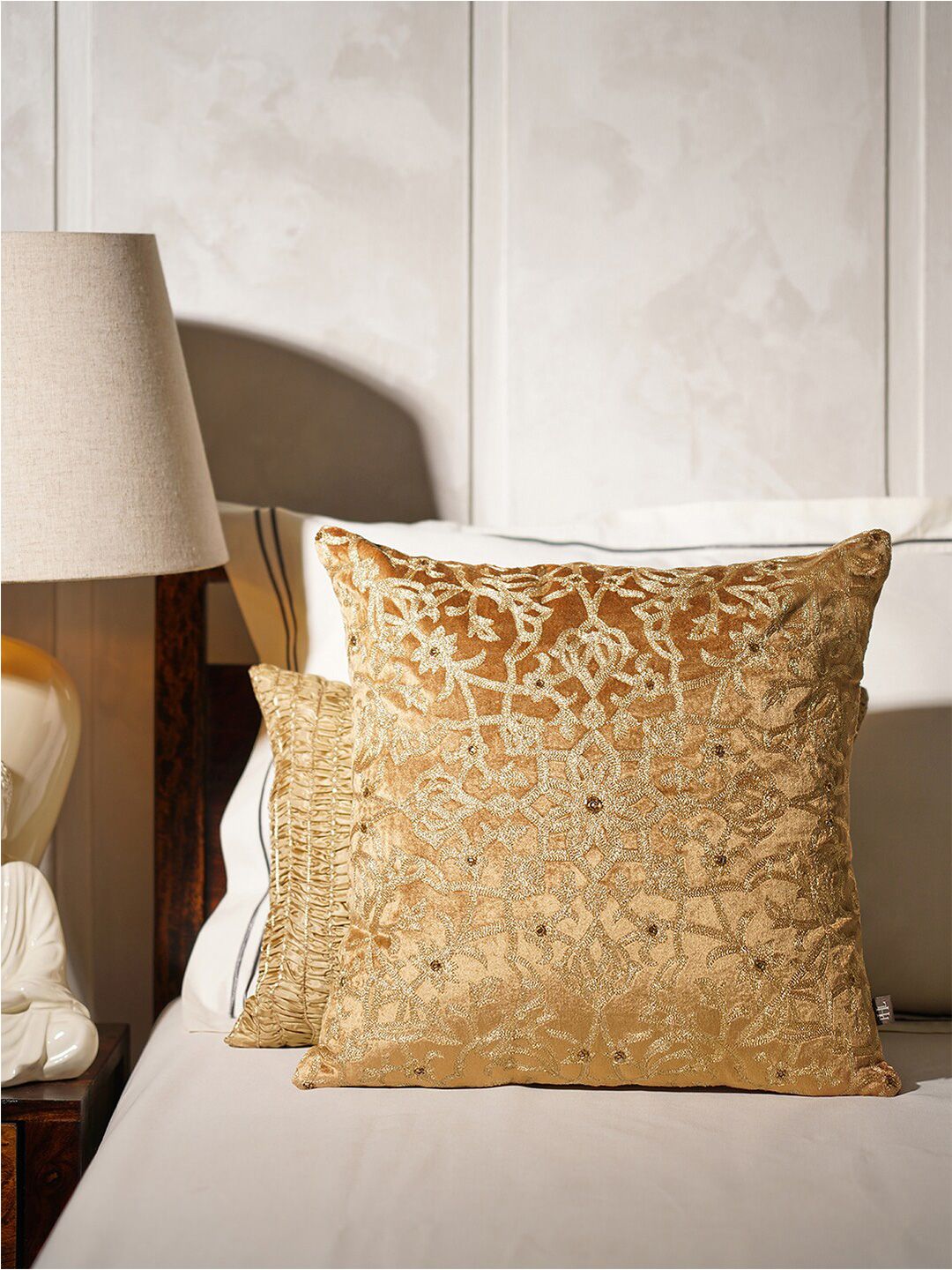 Pure Home and Living Gold-Toned Embroidered Square Cushion Cover-image-31